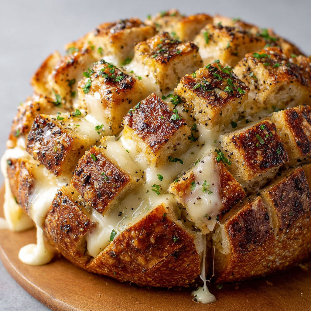Miche gratinée gourmande à l’ail, mozza coulante et poivre frais.