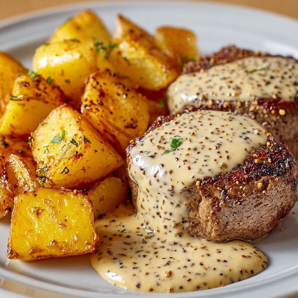 Plat de viande tendre, pommes de terre grillées et sauce à la moutarde.