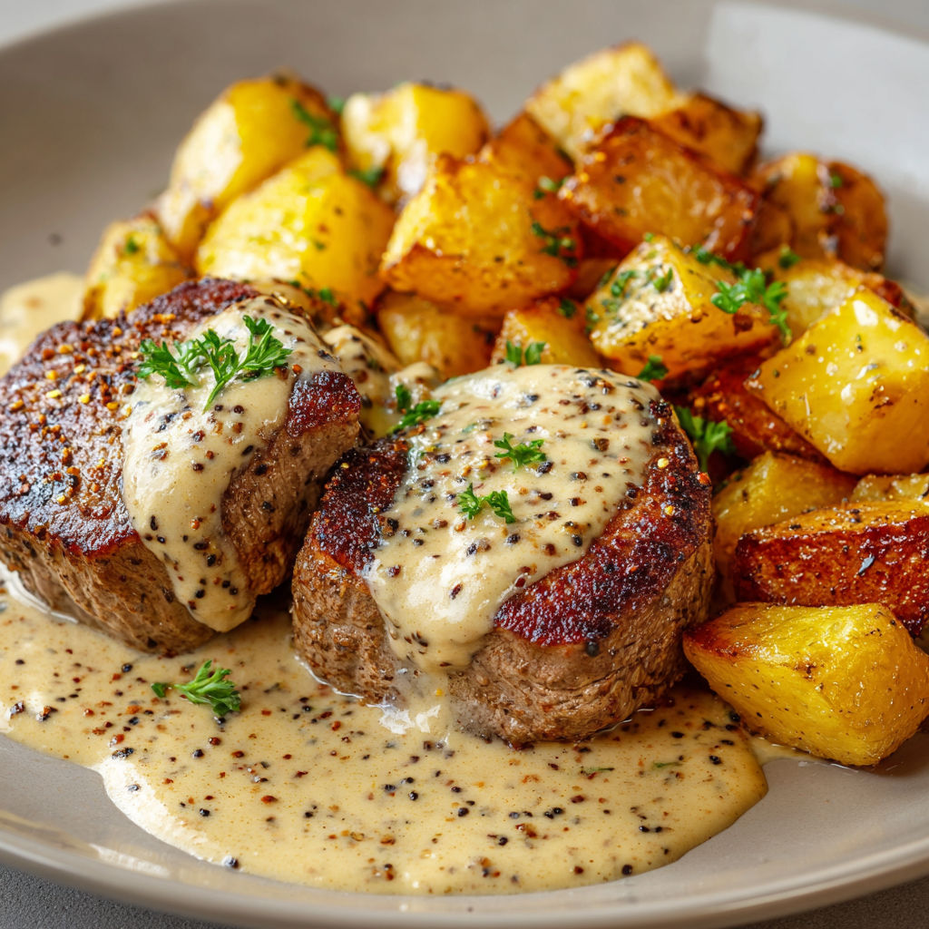Médaillons en sauce moutarde et pommes de terre dorées.