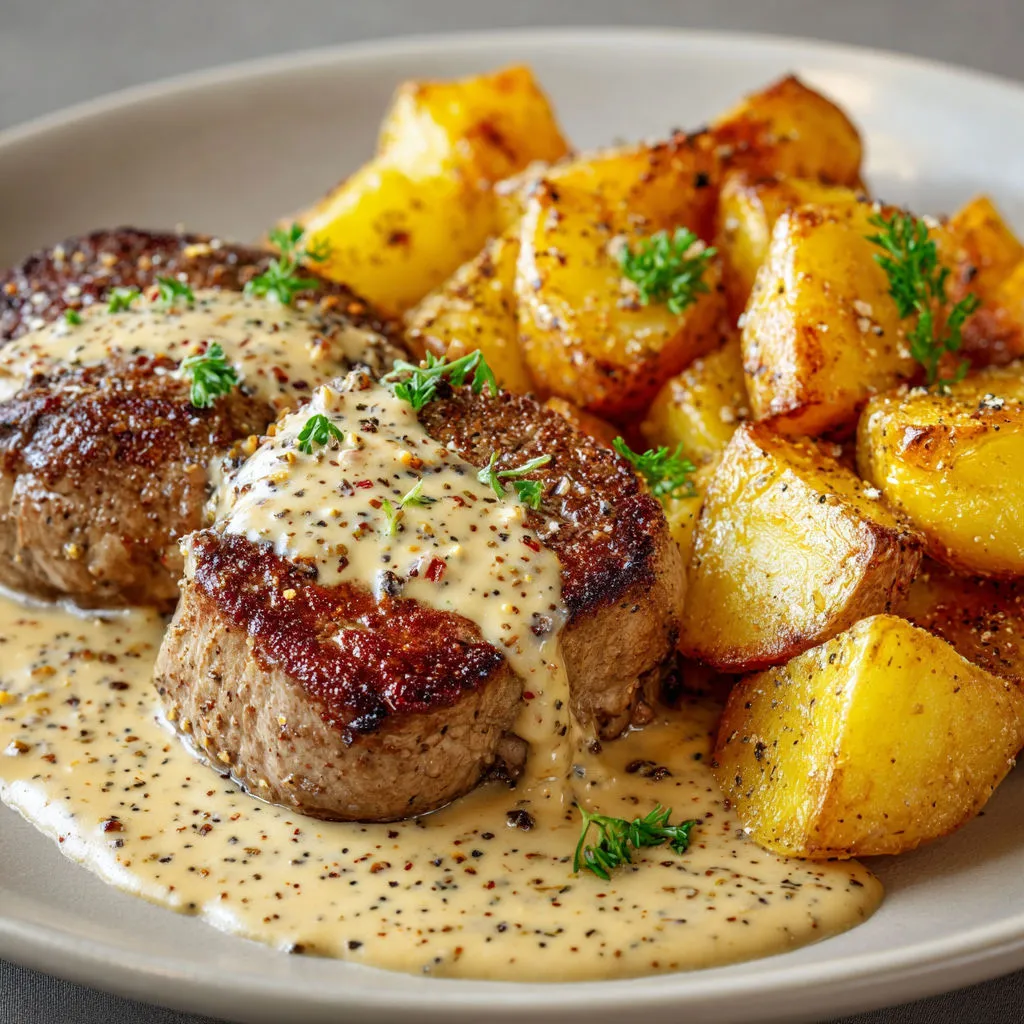 Médaillons de viande en sauce moutarde avec pommes dorées.