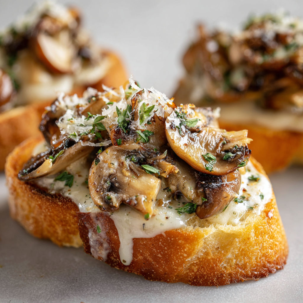 Toasts festifs : Pain à l’Ail, Champignons à la Crème et Parmesan doré.