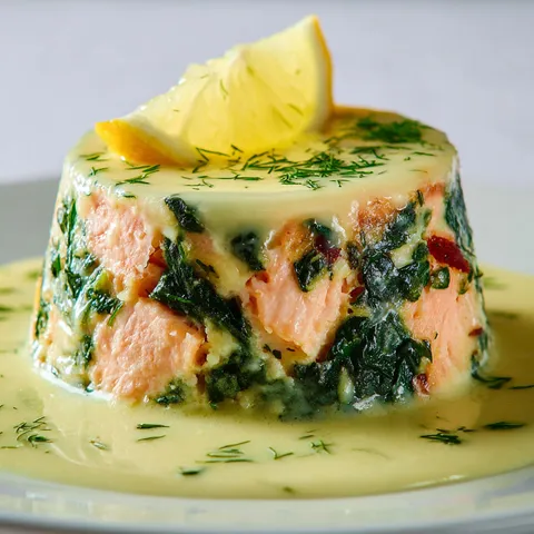 Préparation de saumon, épinards délicats et sauce citron.