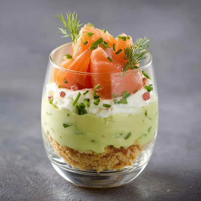 Un petit verre rempli d’une mousse d’avocat et de saumon.