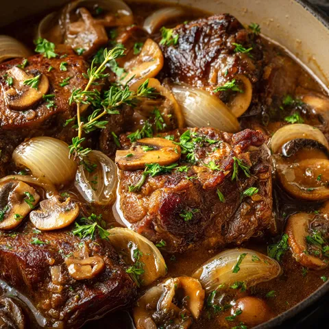 Porc aux champignons et vin blanc, un délice savoureux.