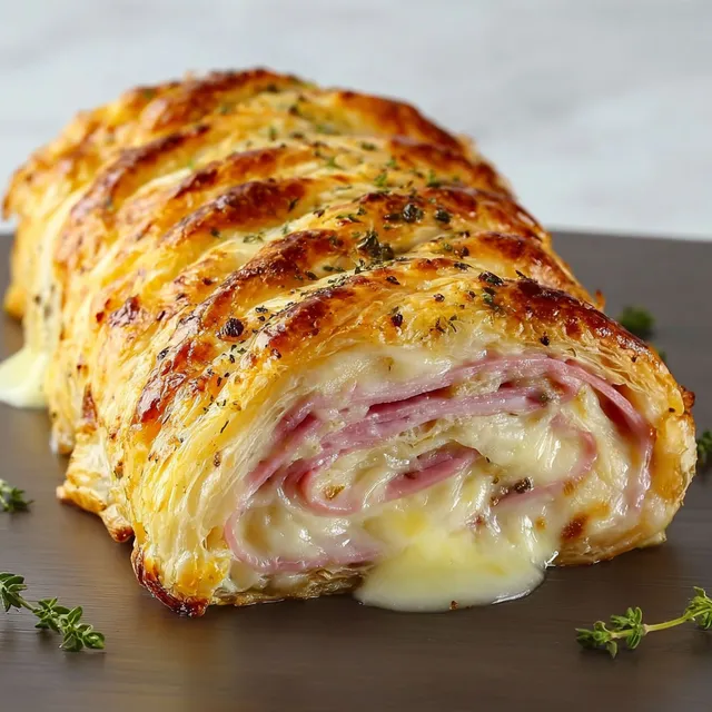 Délicieux feuilleté doré avec jambon et fromage fondant, prêt à savourer.