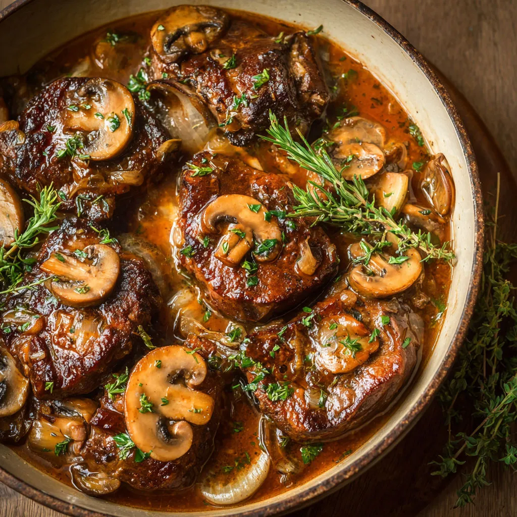 Joues de cochon ultra fondantes aux champignons et vin blanc