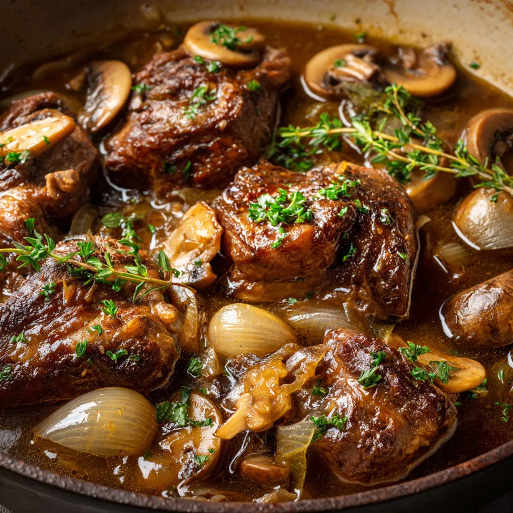Joues de cochon confites aux champignons, sauce vin blanc