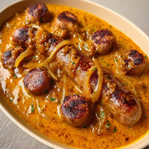 Plat mijoté au curry doux et saucisses.