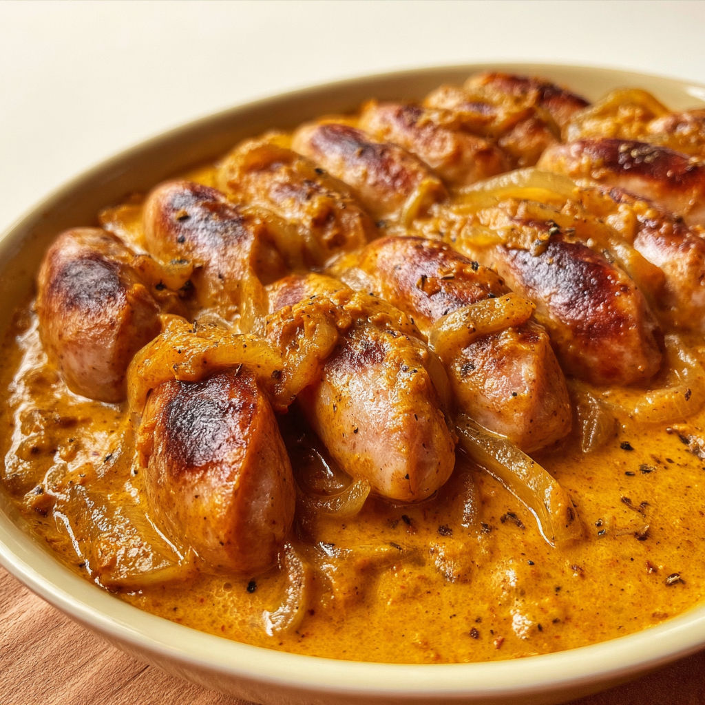 Saucisses bien tendres au curry doux, tout crémeux et réconfortant.