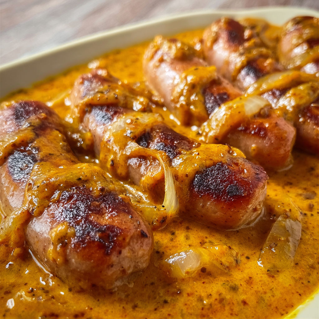Saucisses au curry tout doux, parfait pour se réchauffer.