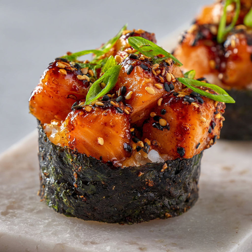 Cups de saumon mariné, croquants et hauts en couleur.