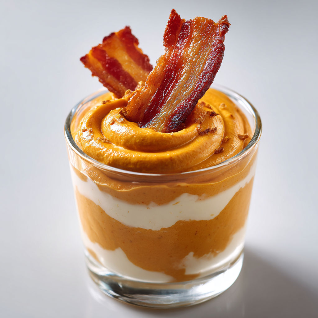 Une verrine élégante de mousse de patate douce, surmontée d'une tranche de bacon doré.