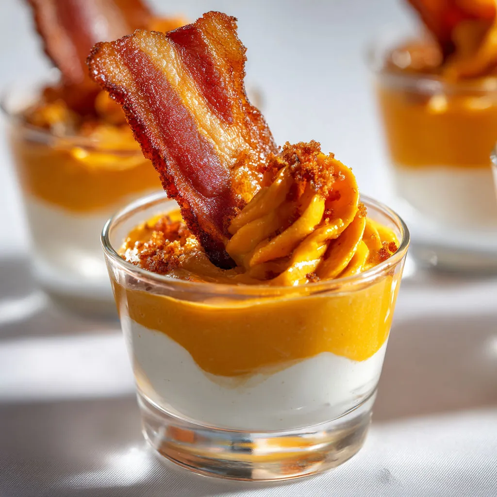 Mousse de Patate Douce Festive, Bacon Caramélisé en Verrine.