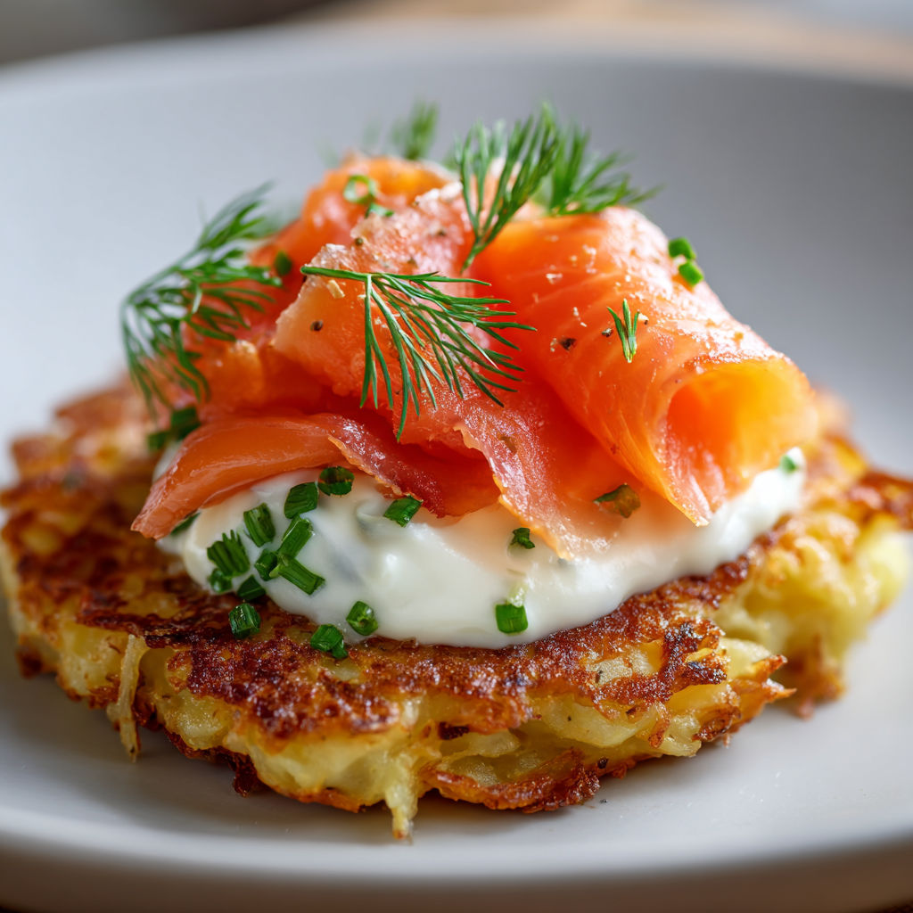 Assiette de pancakes de pommes de terre avec du saumon fumé et des herbes.