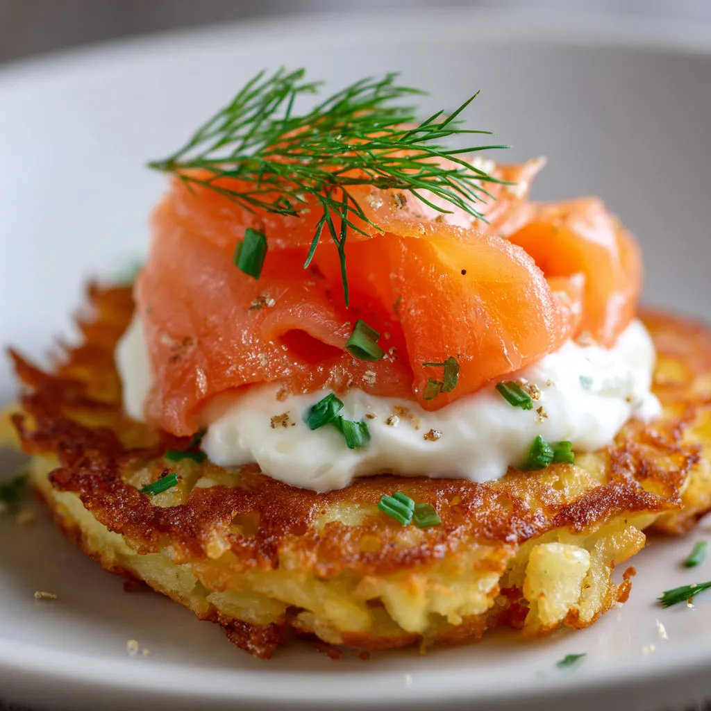 Galettes Salées Pommes de Terre, Saumon Fumé et Sauce Citron.