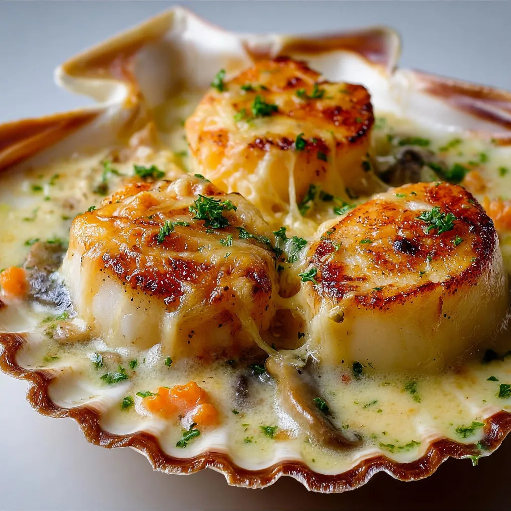 Plat gourmand de Saint-Jacques dorées avec fromage et champignons fondants.