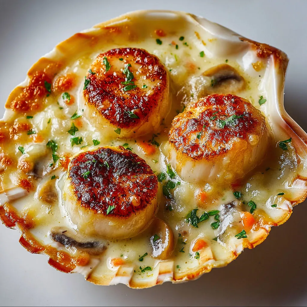 Saint-Jacques gratinées, champignons et crème tout doux.