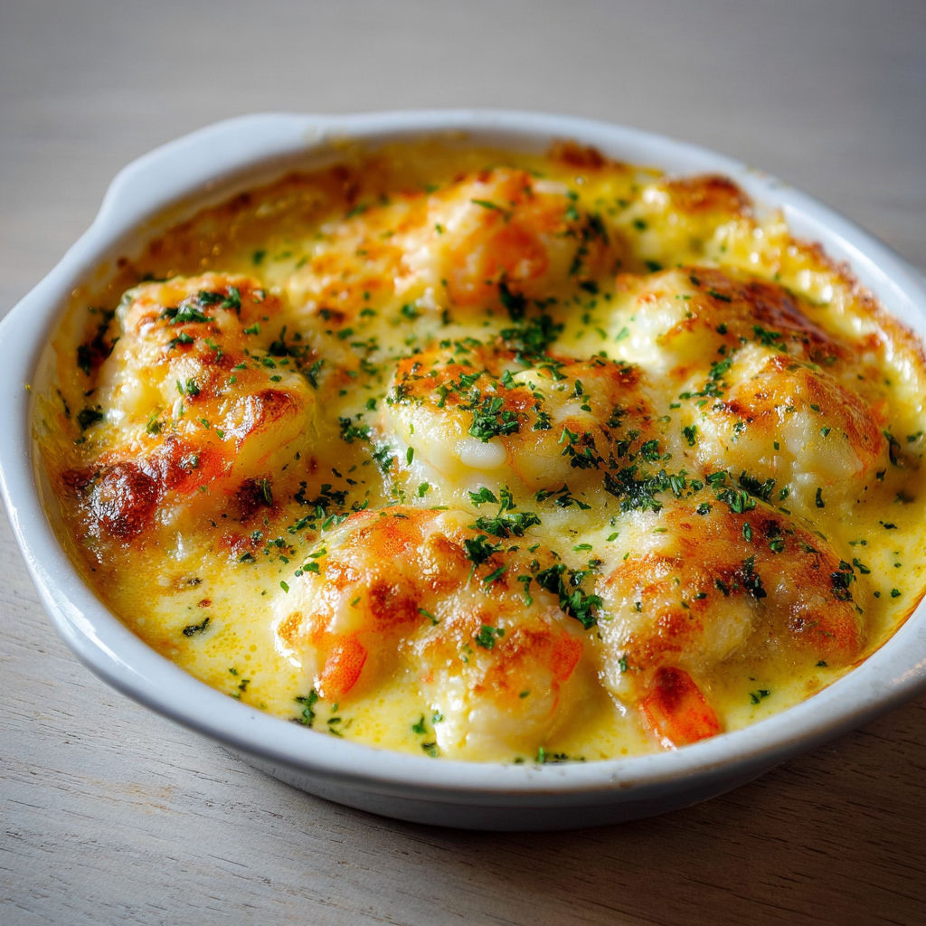 Un gratin de langoustines crémeuses et fondantes sur une table.