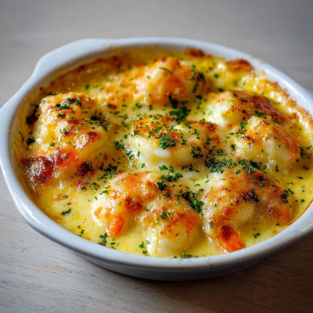 Un gratin de langoustines crémeuses et fondantes sur une table.