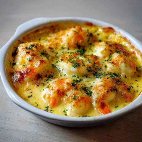 Un gratin de langoustines crémeuses et fondantes sur une table.