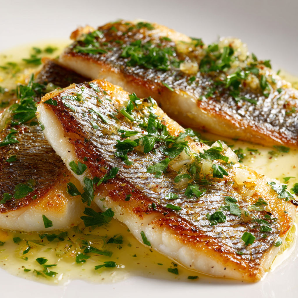 Filets de daurade au beurre citron doux, décorés de persil et tranches de citron, sur une assiette blanche.