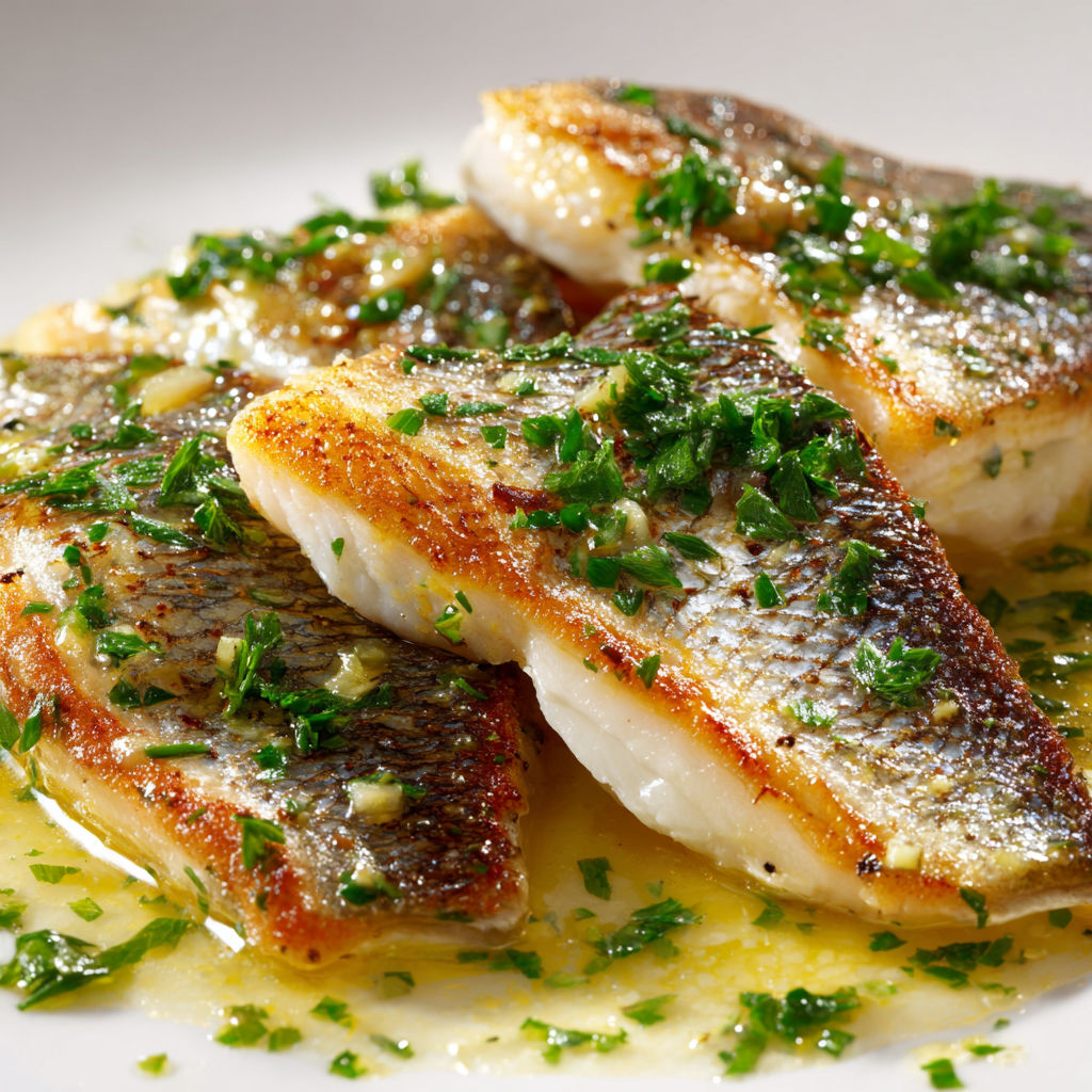 Filets de daurade nappés de beurre citron et persil, servis dans une assiette blanche.