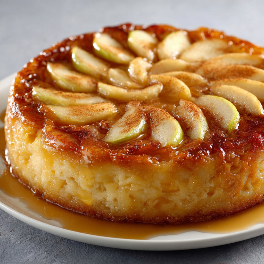 Flan aux pommes doux et doré avec notes de cannelle et beurre tendre.