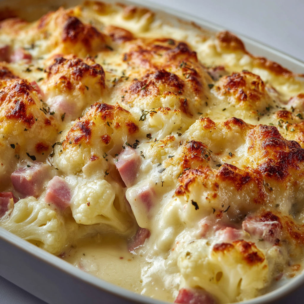 Un plat fumant de chou-fleur recouvert de fromage gratiné, avec jambon et béchamel.