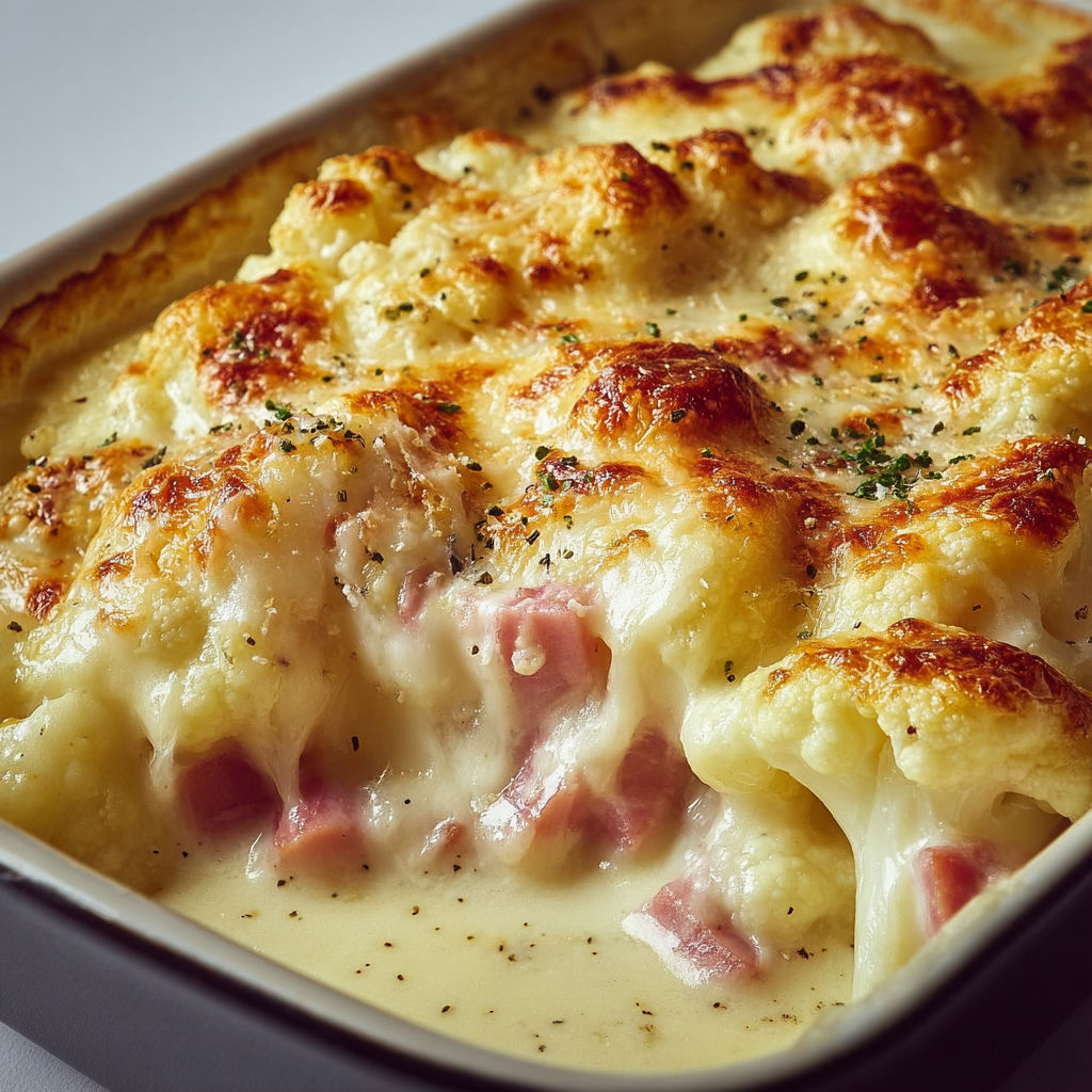 Gratin chou-fleur au jambon nappé de sauce béchamel bien crémeuse.