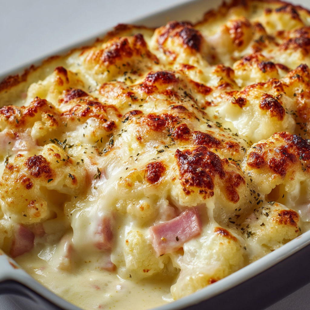 Gratin de chou-fleur ultra fondant avec jambon et fromage doré, parfait pour un repas chaleureux.