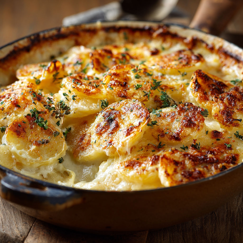 Un gratin doré au fromage sur des pommes de terre fondantes.