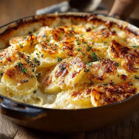 Un gratin doré au fromage sur des pommes de terre fondantes.