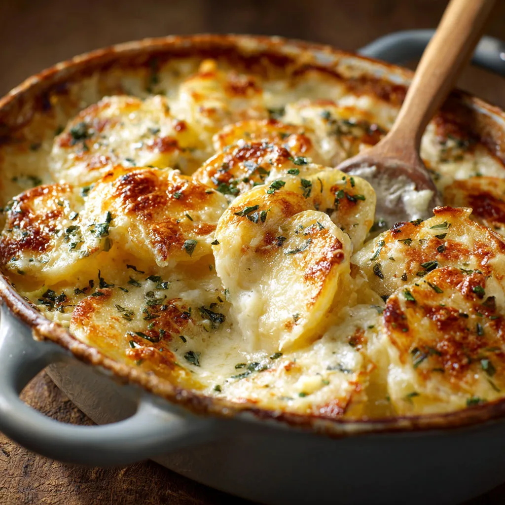 Pommes de terre fondantes à l’Emmental et crème dorées au four, irrésistible à partager.