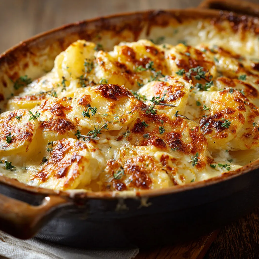 Pommes de terre à l’Emmental râpé, texture ultra crémeuse, croûte gratinée comme chez mamie.