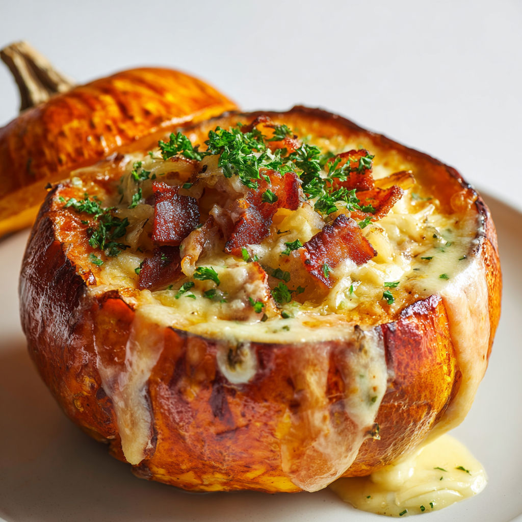 Un plat de potimarron façon tartiflette garni de lardons croustillants et d'herbes goûteuses.