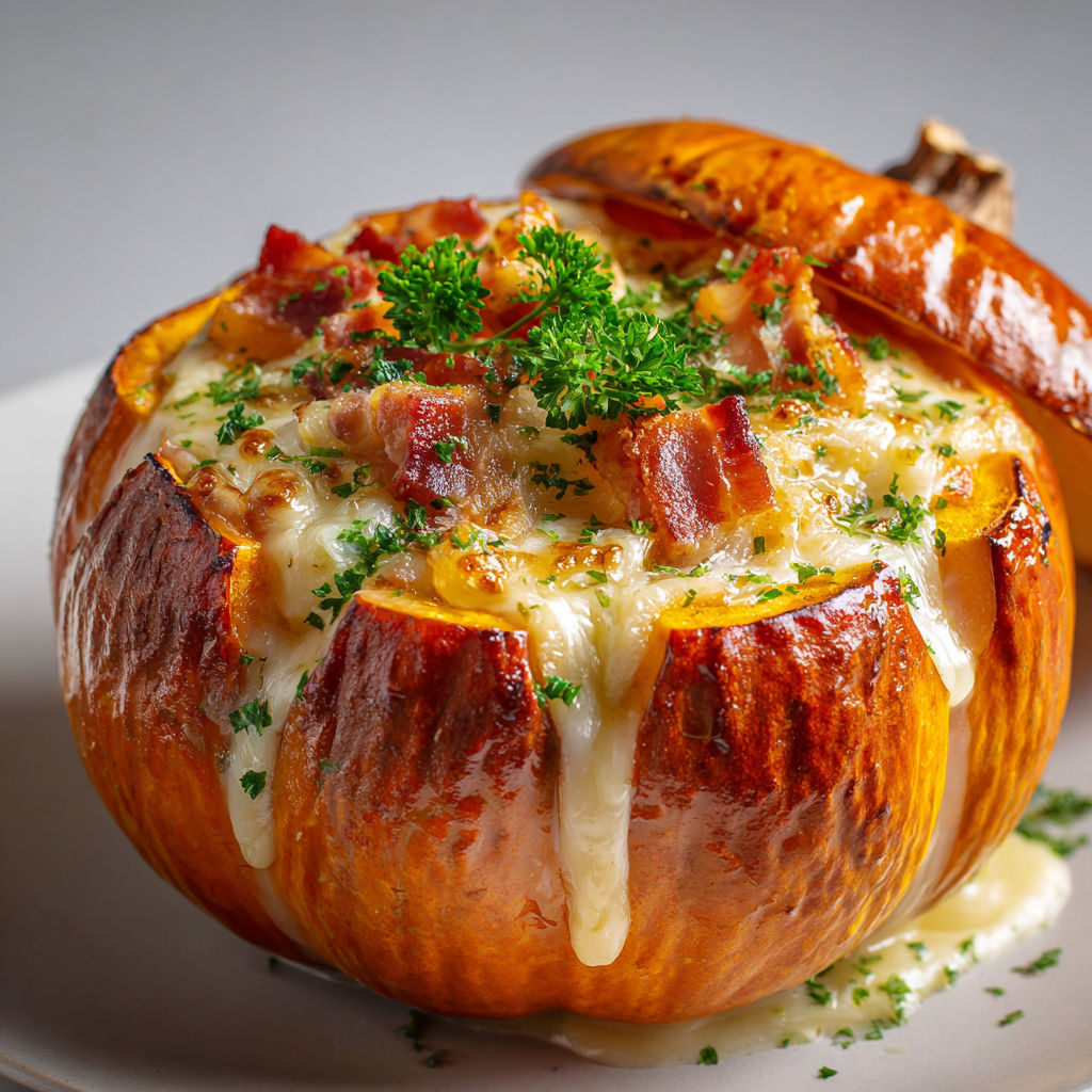 Un potimarron façon tartiflette tout fondant et gourmand, garni de lardons, pommes de terre, et fromage.