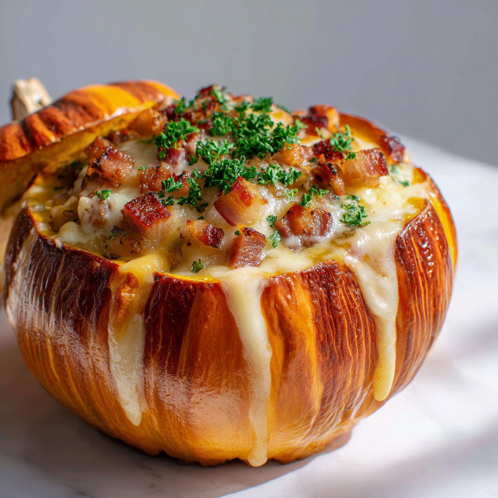 Potimarron façon tartiflette bien fondant, garni de lardons, d’herbes et d’une sauce crémeuse.