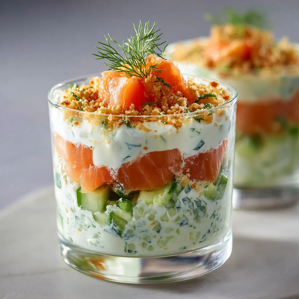Verrines fraîches saumon fumé concombre crème aneth