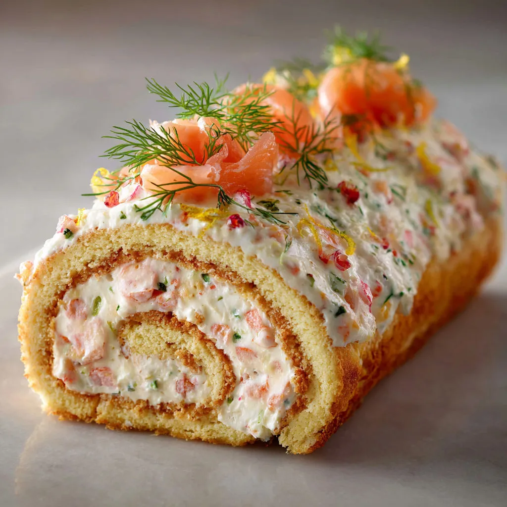 Une délicieuse bûche de Noël faite avec du saumon fumé et des crevettes, agrémentée d'herbes fraîches, sur un joli plateau.