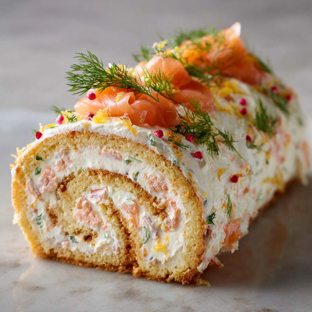 Bûche festive aux crevettes roses et saumon fumé.