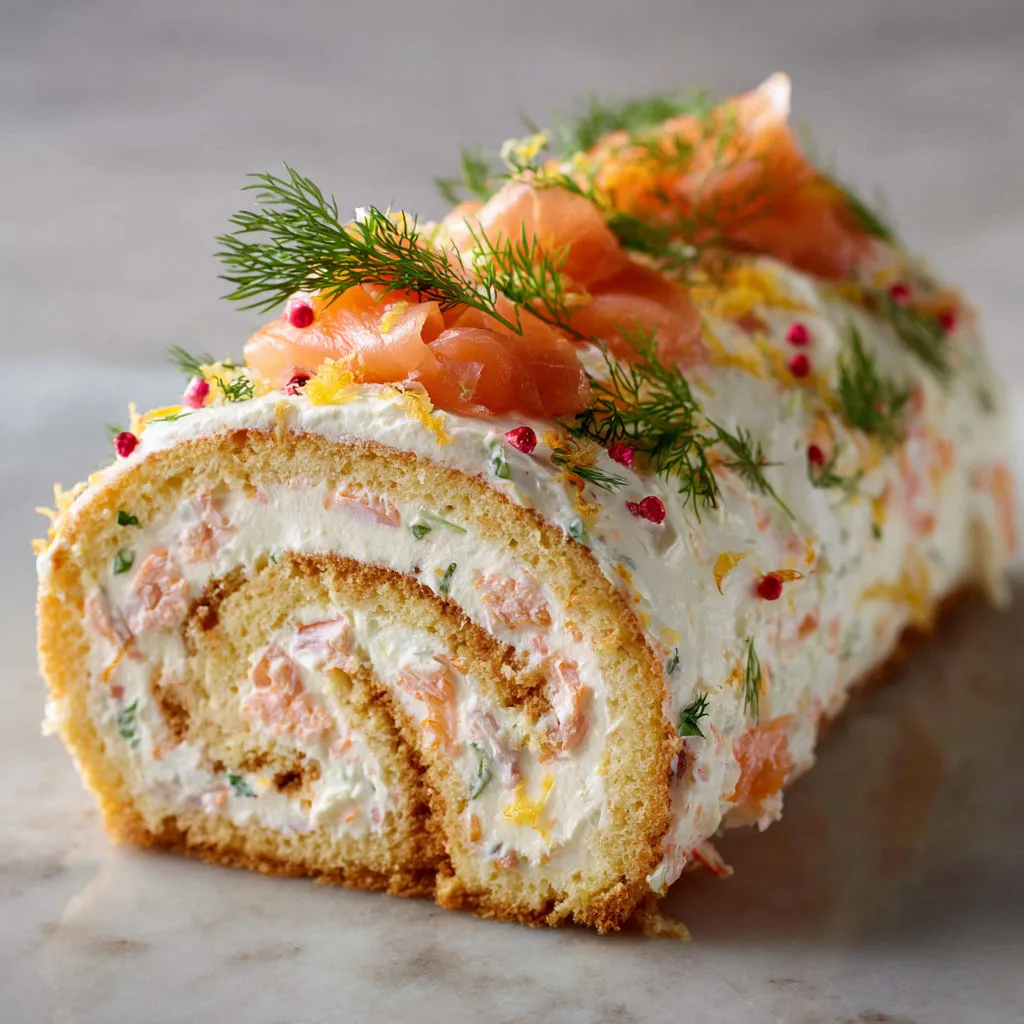 Bûche festive aux crevettes roses et saumon fumé.