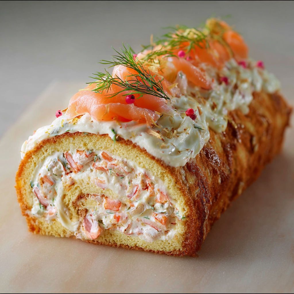 Bûche apéro au fromage frais, saumon et aneth.