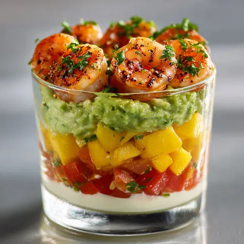 Un verre rempli de crevettes juteuses, guacamole citronné et morceaux de mangue.