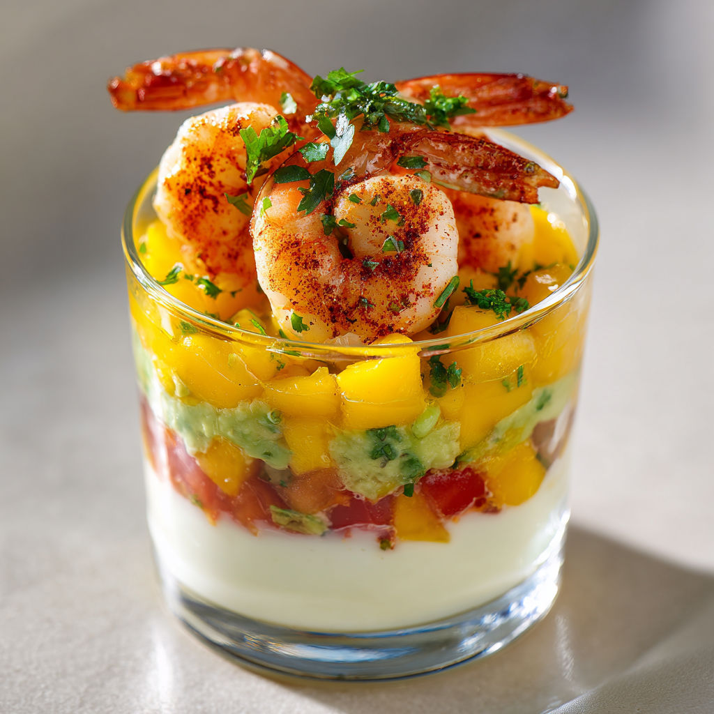 Petits Verres Tropicaux Crevettes et Guacamole bien Citronné.