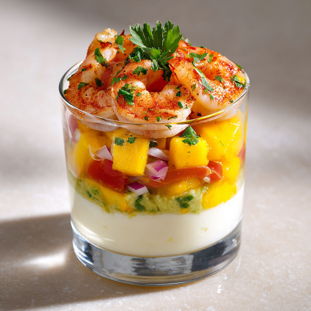 Petits Verres Exotiques Crevettes, Mangue et Crème d’Herbes.