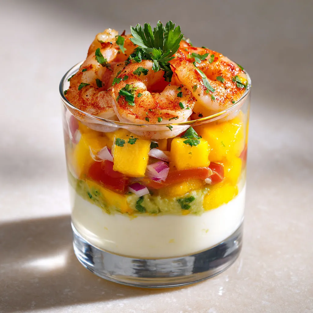 Petits Verres Exotiques Crevettes, Mangue et Crème d’Herbes.