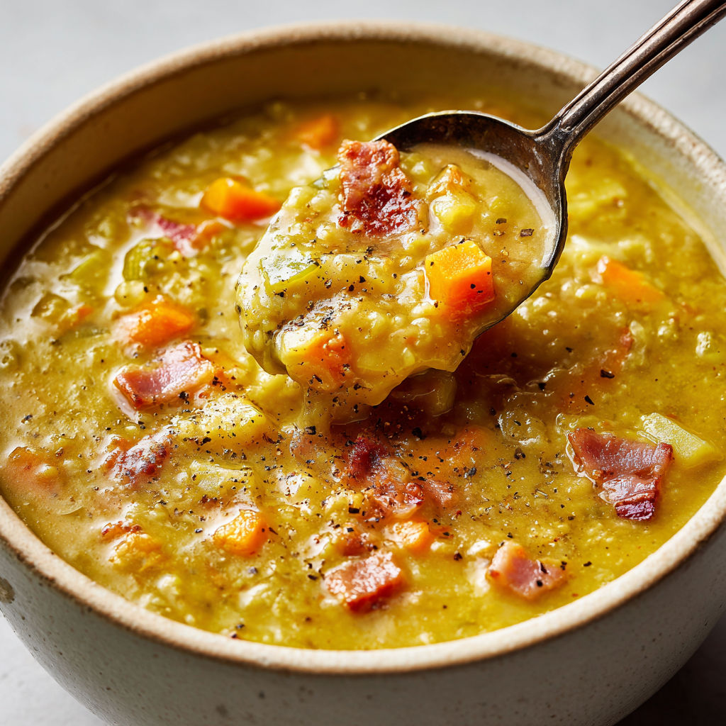 Une cuillère en argent plongeant dans une soupe aux pois cassés parfumée.