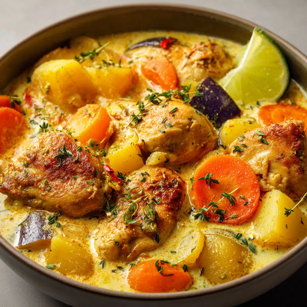 Colombo de poulet avec lait de coco, légumes variés et épices dans un bol exotique.
