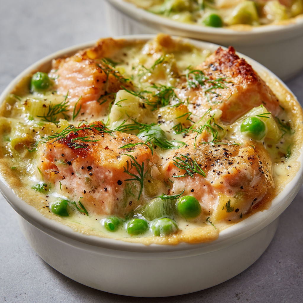 Saumon crémeux avec poireaux et petits pois.