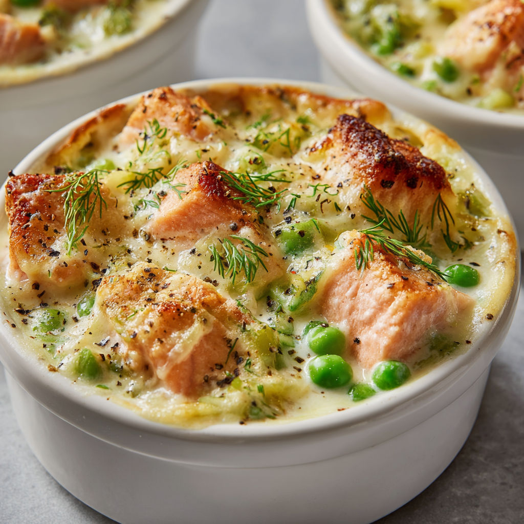 Cassolettes Savoureuses au Saumon, Poireaux et Petits Pois.